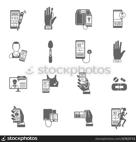 Digital health telemedicine doctor black icons set isolated vector illustration. Digital Health Icons Set