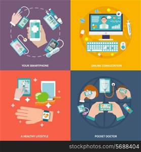 Digital health your smartphone online consultation healthy lifestyle pocket doctor icons flat set isolated vector illustration