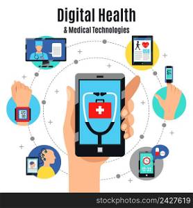 Digital healthcare solutions with electronic devices flat composition poster with mobile touchscreen phone medical apps vector illustration. Digital Health Technologies Flat Composition