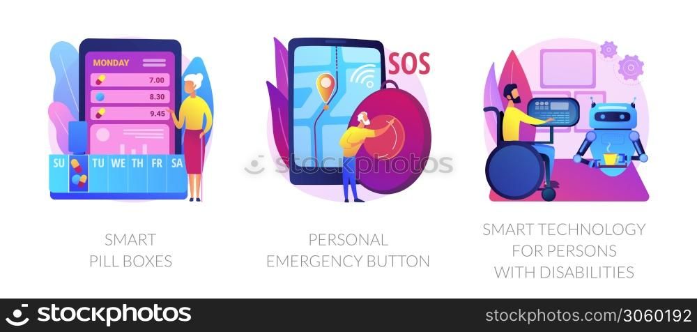 Digital healthcare support abstract concept vector illustration set. Smart pill boxes, personal emergency button, smart technology for persons with disabilities, home automation abstract metaphor.. Digital healthcare support abstract concept vector illustrations.
