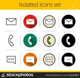 Digital icons set. Flat design, linear, black and color styles. Email, phone, chat box. Isolated vector illustrations. Digital icons set