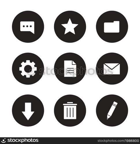 Digital icons set. User interface black round buttons. White silhouettes illustrations. Trash can and settings gear symbol. Download arrow and file folder pictograms. Vector infographics elements. Digital icons set. Black