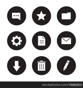 Digital icons set. User interface black round buttons. White silhouettes illustrations. Trash can and settings gear symbol. Download arrow and file folder pictograms. Vector infographics elements. Digital icons set. Black