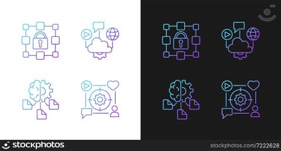Digital inclusion gradient icons set for dark and light mode. Cloud computing. Machine learning. Thin line contour symbols bundle. Isolated vector outline illustrations collection on black and white. Digital inclusion gradient icons set for dark and light mode