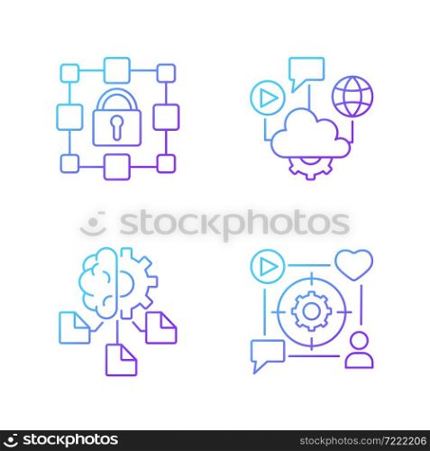 Digital inclusion gradient linear vector icons set. Cloud computing. Machine learning. Encrypted data storage. Thin line contour symbols bundle. Isolated outline illustrations collection. Digital inclusion gradient linear vector icons set
