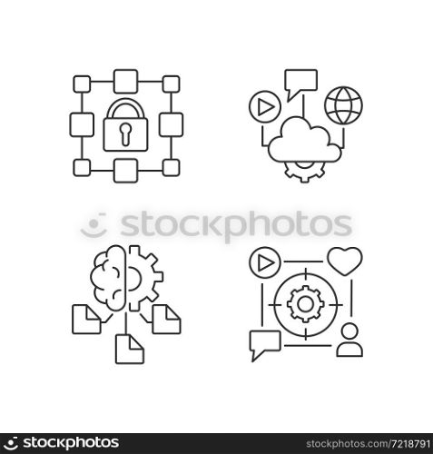 Digital inclusion linear icons set. Cloud computing. Machine learning. Encrypted data storage. Customizable thin line contour symbols. Isolated vector outline illustrations. Editable stroke. Digital inclusion linear icons set
