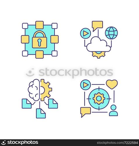 Digital inclusion RGB color icons set. Cloud computing. Machine learning. Encrypted data storage. Manage focus. Isolated vector illustrations. Simple filled line drawings collection. Editable stroke. Digital inclusion RGB color icons set