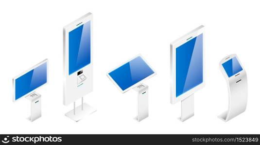 Digital information boards isometric vector illustrations set. Bank terminals flat color objects. Modern interactive self service kiosks isolated on white background. Freestanding constructions