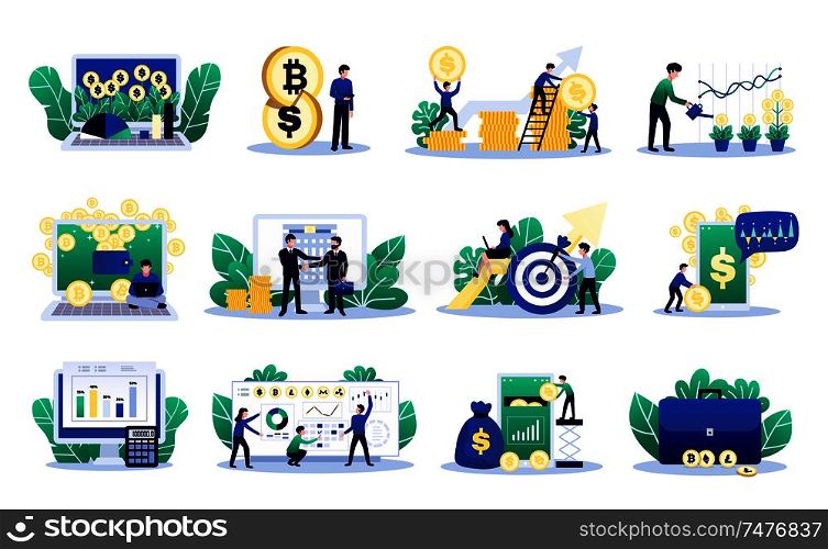Digital investment set of isolated conceptual images with coins screens signs and symbols with human characters vector illustration
