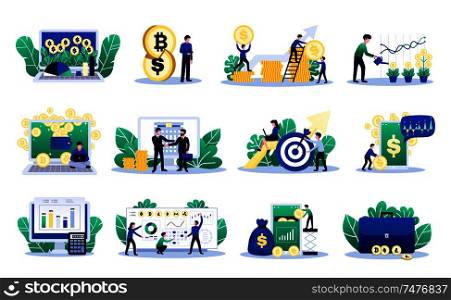 Digital investment set of isolated conceptual images with coins screens signs and symbols with human characters vector illustration