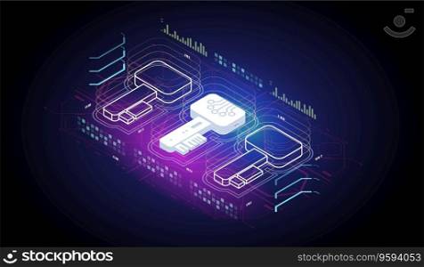 Digital key. Security Data Protection. Network data security isometric vector illustration. Confidential information protection isometric concept.
