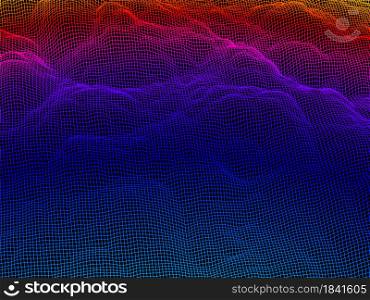 Digital landscape with mountains or clouds made of line grid in futuristic technology or science style