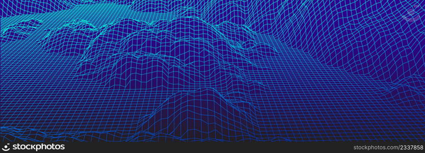 Digital landscape with mountains or hills made of line grid in 80s futuristic technology or science style