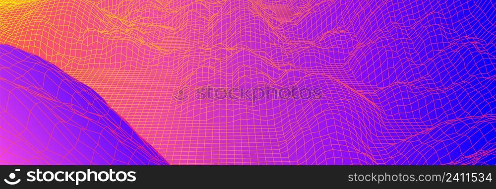 Digital landscape with mountains or hills made of line grid in futuristic technology or science style