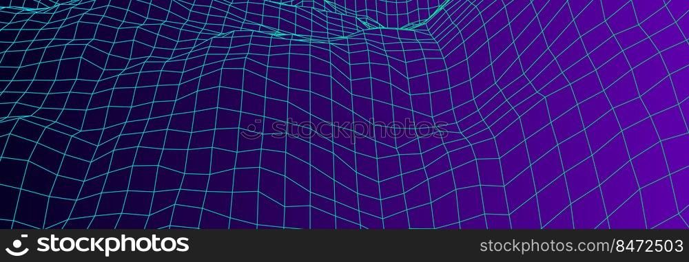 Digital landscape with mountains or hills made of line grid in futuristic technology or science style