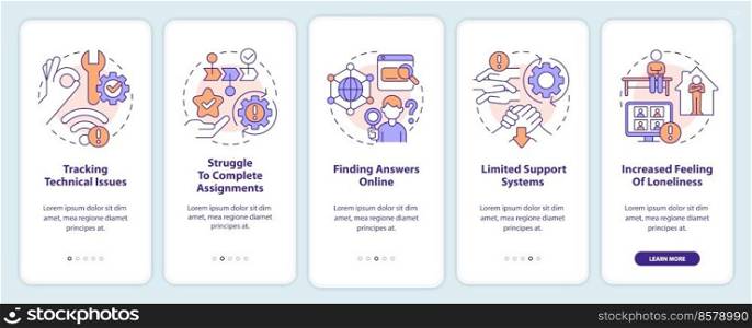Digital learning stress onboarding mobile app screen. Feeling lonely walkthrough 5 steps editable graphic instructions with linear concepts. UI, UX, GUI template. Myriad Pro-Bold, Regular fonts used. Digital learning stress onboarding mobile app screen