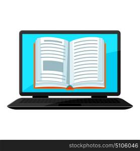 Digital library concept. Laptop with open book. E-book online reading. Digital library concept. Laptop with open book. E-book online reading.