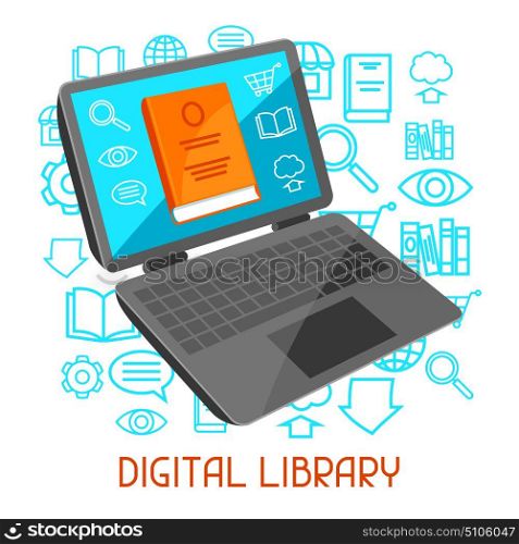 Digital library concept. Laptop with open book. E-book online reading. Digital library concept. Laptop with open book. E-book online reading.
