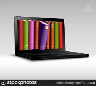 Digital library concept with 3d realistic book shelf in notebook vector illustration