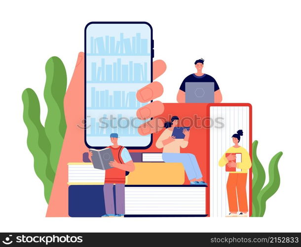 Digital library concept. Young people read, flat student with books. Distance university education, ebook online reading utter vector concept. Illustration book library online, distance reading. Digital library concept. Young people read, flat student with books. Distance university education, ebook online reading utter vector concept