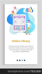 Digital library for users vector, man and woman using ebook to learn and study at college. Wireless connection to service with publication. Website or app slider template, landing page flat style. Digital Library Person with Ebook, Modern Device