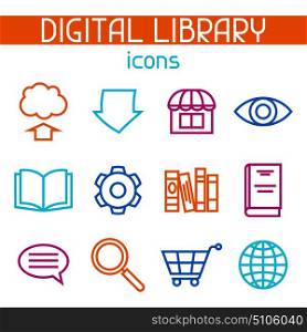 Digital library icon set. E-books, reading and downloading. Digital library icon set. E-books, reading and downloading.