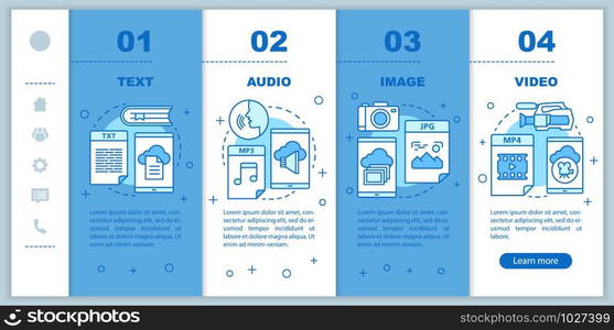 Digital library onboarding mobile web pages vector template. Media types. Responsive smartphone website interface idea with linear illustrations. Webpage walkthrough step screens. Color concept