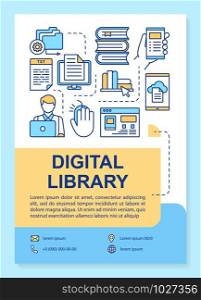Digital library poster template layout. Banner, booklet, leaflet print design with linear icons. Online e-library. Ebook reading app. Vector brochure page layouts for magazines, advertising flyers