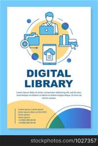 Digital library poster template layout. Banner, booklet, leaflet print design with linear icons. Online e-library. Web app for reading. Vector brochure page layouts for magazines, advertising flyers