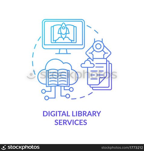 Digital library services concept icon. Community development abstract idea thin line illustration. Books and documents storage. Access digital objects. Vector isolated outline color drawing. Digital library services concept icon