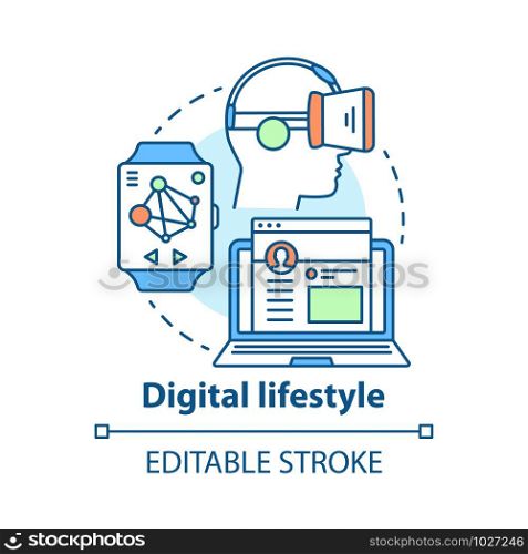 Digital lifestyle concept icon. Virtual reality idea thin line illustration. Modern entertainment. Internet connection, social technology. Vector isolated outline drawing. Editable stroke