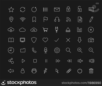 Digital linear icons set. Multimedia line art vector icons set isolated on black. Digital linear icons set. Black