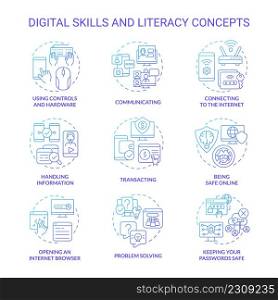 Digital literacy and skills blue gradient concept icons set. Computer system. Cyberspace idea thin line color illustrations. Isolated symbols. Roboto-Medium, Myriad Pro-Bold fonts used. Digital literacy and skills blue gradient concept icons set