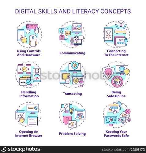 Digital literacy and skills concept icons set. Computer system. Cyberspace idea thin line color illustrations. Isolated symbols. Editable stroke. Roboto-Medium, Myriad Pro-Bold fonts used. Digital literacy and skills concept icons set