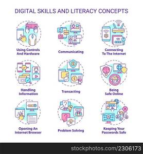 Digital literacy and skills concept icons set. Computer system. Cyberspace idea thin line color illustrations. Isolated symbols. Editable stroke. Roboto-Medium, Myriad Pro-Bold fonts used. Digital literacy and skills concept icons set