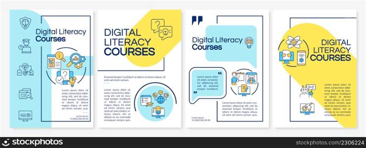 Digital literacy courses blue and yellow brochure template. Computer skills. Leaflet design with linear icons. 4 vector layouts for presentation, annual reports. Questrial, Lato-Regular fonts used. Digital literacy courses blue and yellow brochure template