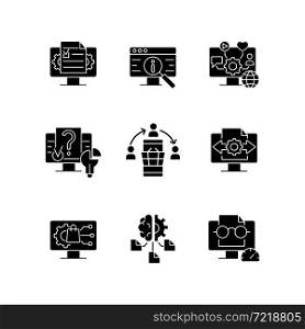 Digital literacy skills black glyph icons set on white space. Manage digital content. Social networks. Computer algorithms. Searching for information. Silhouette symbols. Vector isolated illustration. Digital literacy skills black glyph icons set on white space