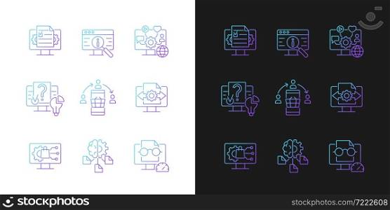 Digital literacy skills gradient icons set for dark and light mode. Manage digital content. Thin line contour symbols bundle. Isolated vector outline illustrations collection on black and white. Digital literacy skills gradient icons set for dark and light mode