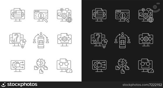 Digital literacy skills linear icons set for dark and light mode. Manage digital content. Computer algorithms. Customizable thin line symbols. Isolated vector outline illustrations. Editable stroke. Digital literacy skills linear icons set for dark and light mode