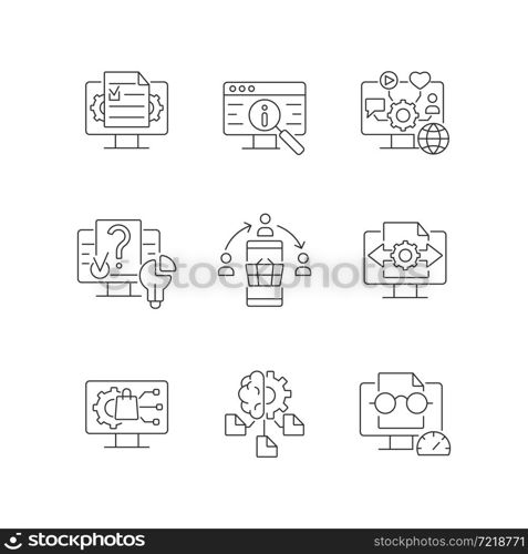 Digital literacy skills linear icons set. Manage digital content. Social networks. Computer algorithms. Customizable thin line contour symbols. Isolated vector outline illustrations. Editable stroke. Digital literacy skills linear icons set