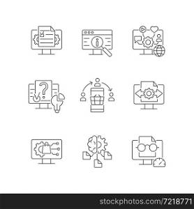 Digital literacy skills linear icons set. Manage digital content. Social networks. Computer algorithms. Customizable thin line contour symbols. Isolated vector outline illustrations. Editable stroke. Digital literacy skills linear icons set