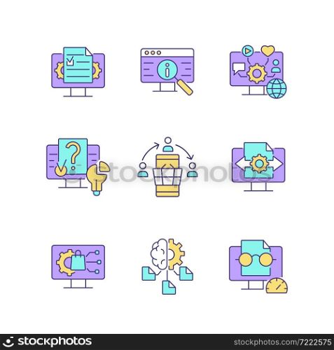 Digital literacy skills RGB color icons set. Manage digital content. Social networks. Computer algorithms. Isolated vector illustrations. Simple filled line drawings collection. Editable stroke. Digital literacy skills RGB color icons set