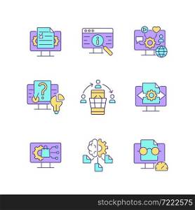 Digital literacy skills RGB color icons set. Manage digital content. Social networks. Computer algorithms. Isolated vector illustrations. Simple filled line drawings collection. Editable stroke. Digital literacy skills RGB color icons set