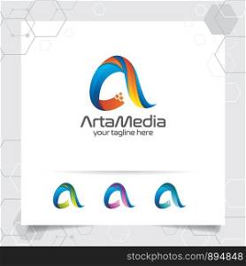 Digital logo design vector letter A concept with modern colorful pixel for technology, software, studio, app, and business.