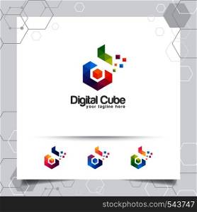 Digital logo letter D design vector with modern colorful pixel for technology, software, studio, app, and business.