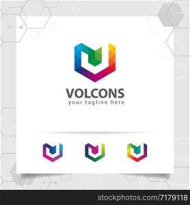 Digital logo letter V design vector with modern colorful pixel icon for technology, software, studio, app, and business.