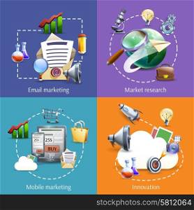 Digital marketing 4 flat icons square. Innovative digital mobile mail marketing service successful business ideas 4 flat icons composition abstract isolated vector illustration
