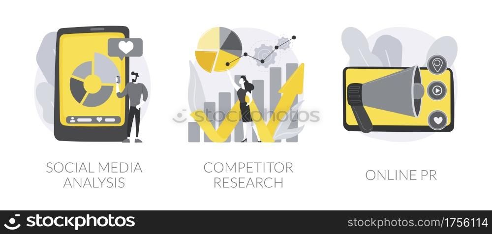 Digital marketing agency services abstract concept vector illustration set. Social media analysis, competitor research, online PR, digital advertising campaign, user profile abstract metaphor.. Digital marketing agency services abstract concept vector illustrations.