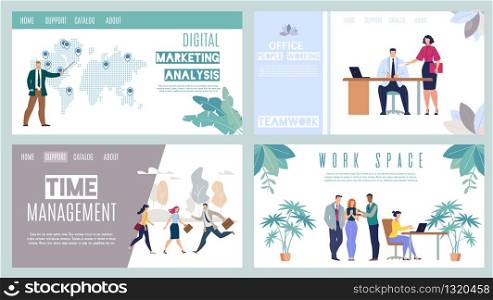 Digital Marketing Analysis, Office Working, Time Management, Work Space Flat Vector Web Banners, Landing Pages Set with Company Employees Team, Boss and Secretary, Hurrying Businesspeople Illustration