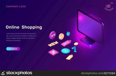 Digital marketing and online shopping, isometric concept vector illustration. Computer monitor or screen and 3D sale and discount promo icons, landing web page, ultraviolet sale banner. Digital marketing, online shopping isometric